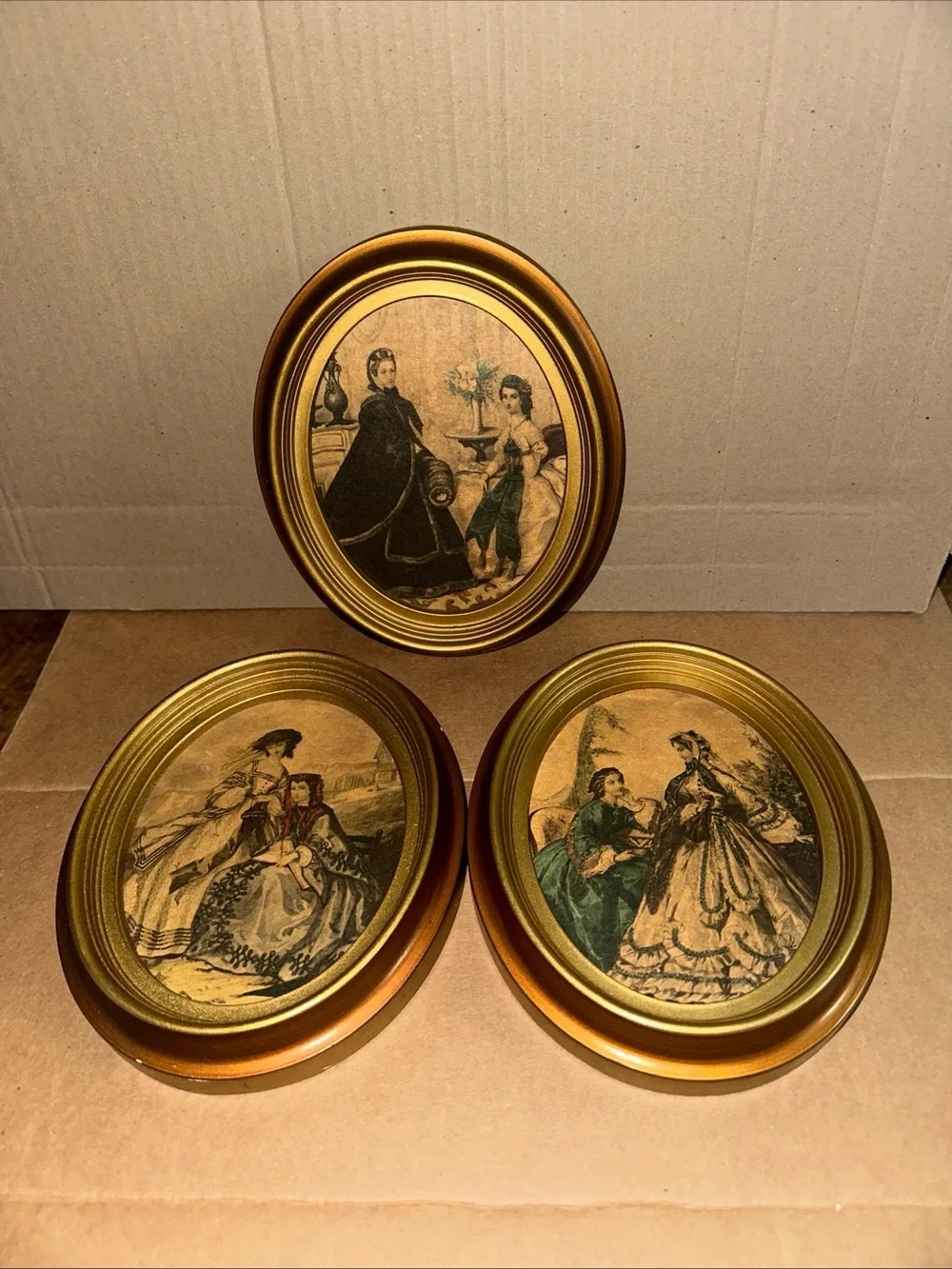 La Mode Illustree France Framed Vintage Style Wall Art Trio - Gold Oval Prints